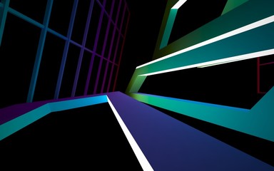 Abstract dynamic interior with gradient colored objects. 3D illustration and rendering