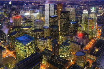 Aerial of Toronto city center at night