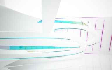 Obraz premium abstract architectural interior with colored smooth glass sculpture. 3D illustration and rendering