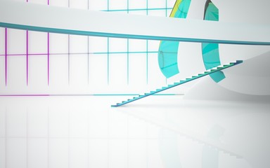 abstract architectural interior with colored smooth glass sculpture. 3D illustration and rendering