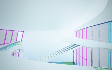 abstract architectural interior with colored smooth glass sculpture. 3D illustration and rendering