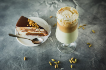 Sweet milkshake drink with chocolate cake. Tasty desserts