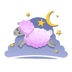 Vector illustration. Sheep with eyes closed jumping over the fence.