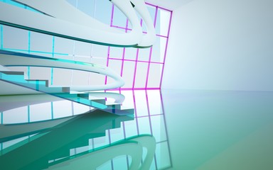 Obraz premium abstract architectural interior with colored smooth glass sculpture. 3D illustration and rendering