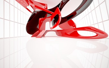 Abstract white and red gloss interior multilevel public space with window. 3D illustration and rendering.