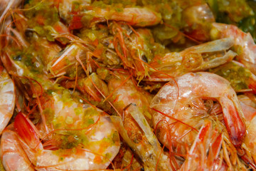 Close-up of baked shrimps. Food background