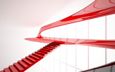 Abstract white and red gloss interior multilevel public space with window. 3D illustration and rendering.