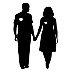 silhouette of a girl and a guy on a background of hearts