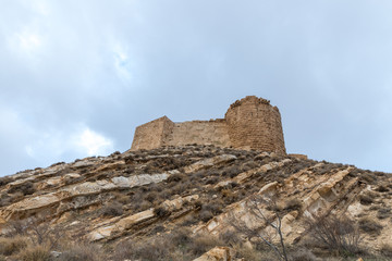 Fototapeta na wymiar The remains of the medieval fortress Ash Shubak, standing on a hill near Al Jaya city in Jordan