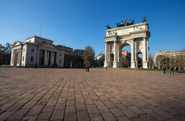 Fototapeta na wymiar MILAN, ITALY, DECEMBER, 5, 2018 - Arco della Pace, (Arch of Peace), near Sempione Park in city center of Milan, Italy