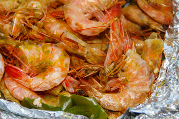 Close-up of shrimps baked in foil