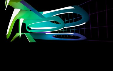 Abstract dark interior multilevel public space with neon lighting. 3D illustration and rendering.