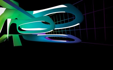 Abstract dark interior multilevel public space with neon lighting. 3D illustration and rendering.