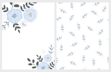 Lovely Blue Bouquet Vector Card and Floral Pattern. Blue Abstract Flowers Gray Twigs and Leaves. Infantile Style  Design. White Background. Funny Floral Art Set.