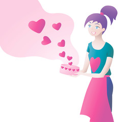 A girl with a cake with flying hearts. Vector illustration