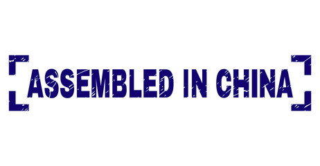 ASSEMBLED IN CHINA tag seal print with distress texture. Text title is placed inside corners. Blue vector rubber print of ASSEMBLED IN CHINA with corroded texture.