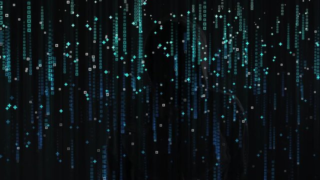 Hooded computer hacker using augmented reality virtual screen, low key slow motion footage for text or graphics mock up