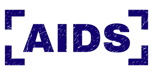 AIDS text seal watermark with distress texture. Text tag is placed between corners. Blue vector rubber print of AIDS with dirty texture.