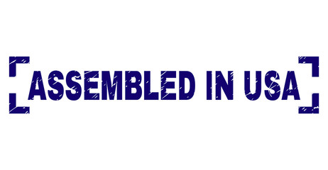 ASSEMBLED IN USA text seal print with distress effect. Text tag is placed inside corners. Blue vector rubber print of ASSEMBLED IN USA with retro texture.
