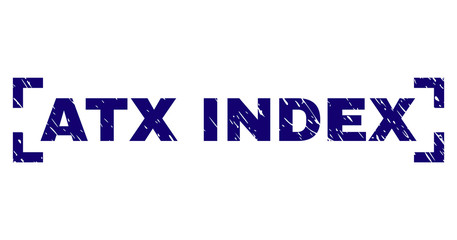 ATX INDEX text seal stamp with corroded texture. Text caption is placed between corners. Blue vector rubber print of ATX INDEX with corroded texture.