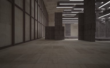 Abstract white and brown concrete parametric interior  with window. 3D illustration and rendering.