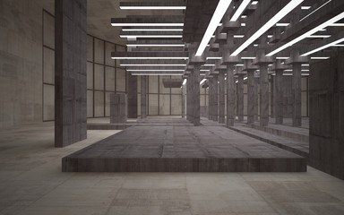 Abstract white and brown concrete parametric interior  with window. 3D illustration and rendering.