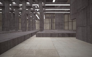 Abstract white and brown concrete parametric interior  with window. 3D illustration and rendering.