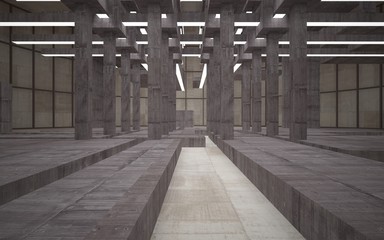 Abstract white and brown concrete parametric interior  with window. 3D illustration and rendering.