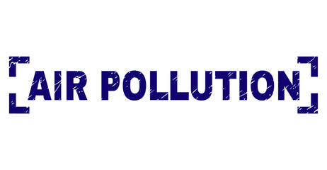 AIR POLLUTION text seal print with corroded style. Text label is placed inside corners. Blue vector rubber print of AIR POLLUTION with scratched texture.