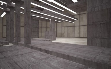 Abstract white and brown concrete parametric interior  with window. 3D illustration and rendering.