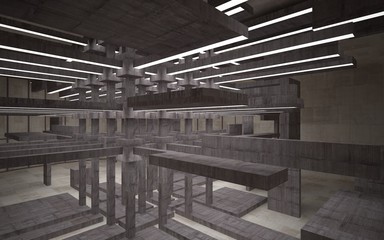 Abstract white and brown concrete parametric interior  with window. 3D illustration and rendering.