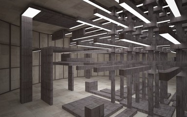 Abstract white and brown concrete parametric interior  with window. 3D illustration and rendering.