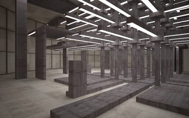 Abstract white and brown concrete parametric interior  with window. 3D illustration and rendering.