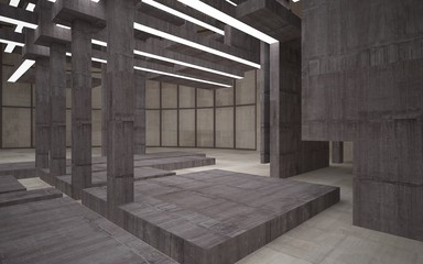 Abstract white and brown concrete parametric interior  with window. 3D illustration and rendering.