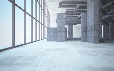 Abstract white and brown concrete interior multilevel public space with window. 3D illustration and rendering.