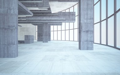 Abstract white and brown concrete interior multilevel public space with window. 3D illustration and rendering.