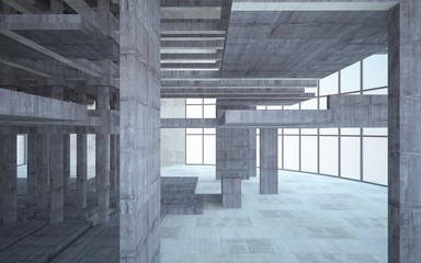 Abstract white and brown concrete interior multilevel public space with window. 3D illustration and rendering.