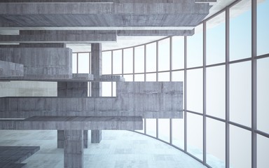 Abstract white and brown concrete interior multilevel public space with window. 3D illustration and rendering.