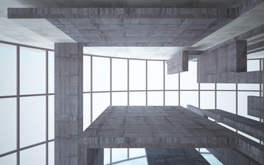 Abstract white and brown concrete interior multilevel public space with window. 3D illustration and rendering.