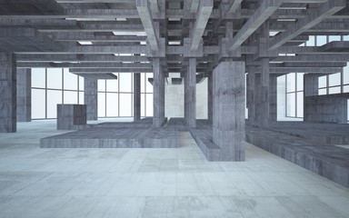 Abstract white and brown concrete interior multilevel public space with window. 3D illustration and rendering.