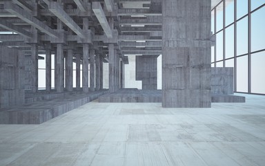 Abstract white and brown concrete interior multilevel public space with window. 3D illustration and rendering.