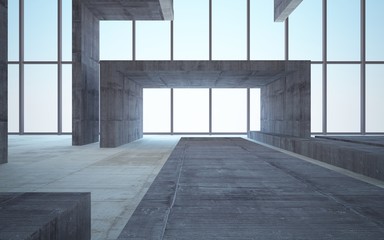 Abstract white and brown concrete interior multilevel public space with window. 3D illustration and rendering.