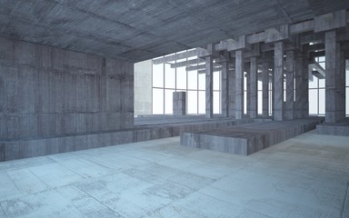 Abstract white and brown concrete interior multilevel public space with window. 3D illustration and rendering.