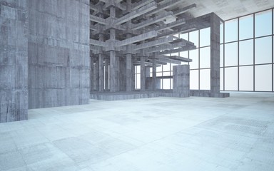 Abstract white and brown concrete interior multilevel public space with window. 3D illustration and rendering.