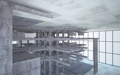 Abstract white and brown concrete interior multilevel public space with window. 3D illustration and rendering.