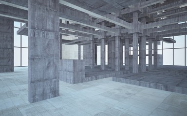 Abstract white and brown concrete interior multilevel public space with window. 3D illustration and rendering.