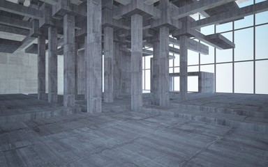 Abstract white and brown concrete interior multilevel public space with window. 3D illustration and rendering.