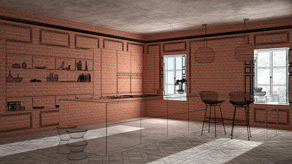 Home renovation, house development concept background, interior design under construction, custom architecture design project, black ink sketch, blueprint showing minimalist kitchen