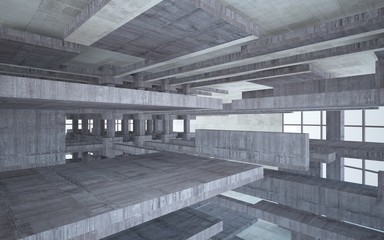 Abstract white and brown concrete interior multilevel public space with window. 3D illustration and rendering.
