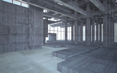 Abstract white and brown concrete interior multilevel public space with window. 3D illustration and rendering.